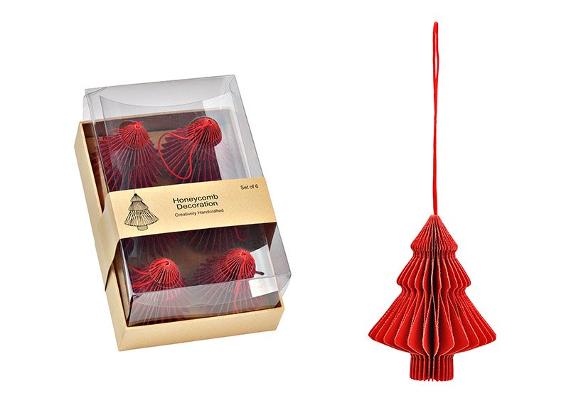 Hanger Honeycomb fir tree 5x7,5x5cm Set of 6, made of paper/cardboard red (W/H/D) 18x9x12cm
