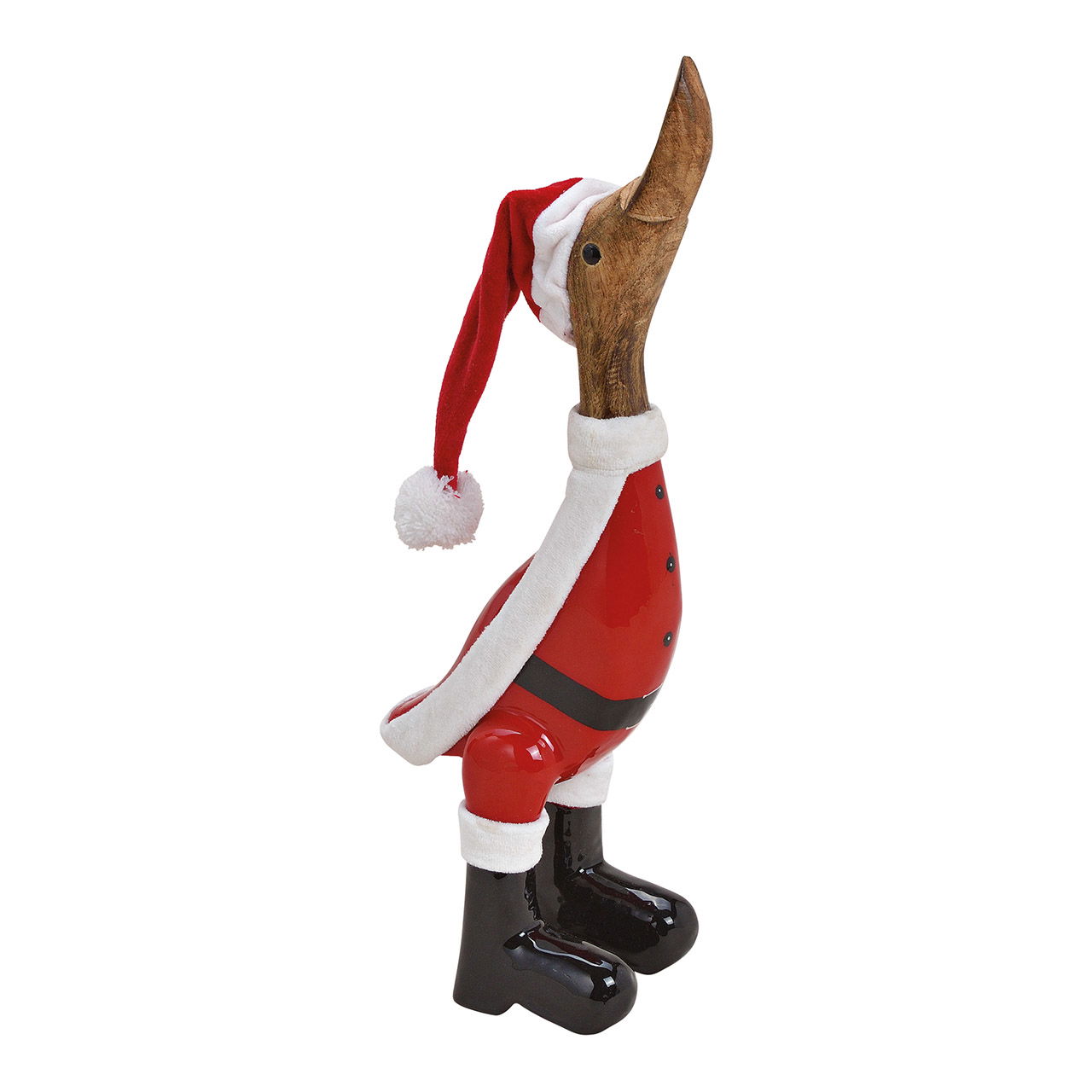 Laufente mit Weihnachtsmütze aus Mangoholz Rot (B/H/T) 13x34x12cm Laufente mit Weihnachtsmütze aus Mangoholz Rot (B/H/T) 13x34x12cm
