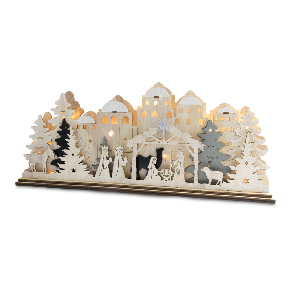 Deko-Winterszene zum Stellen, mit 10 LEDs (2xAA, nicht beinh.), mit Timer, Holz, 45x6x19cm, 1 Stck, natur