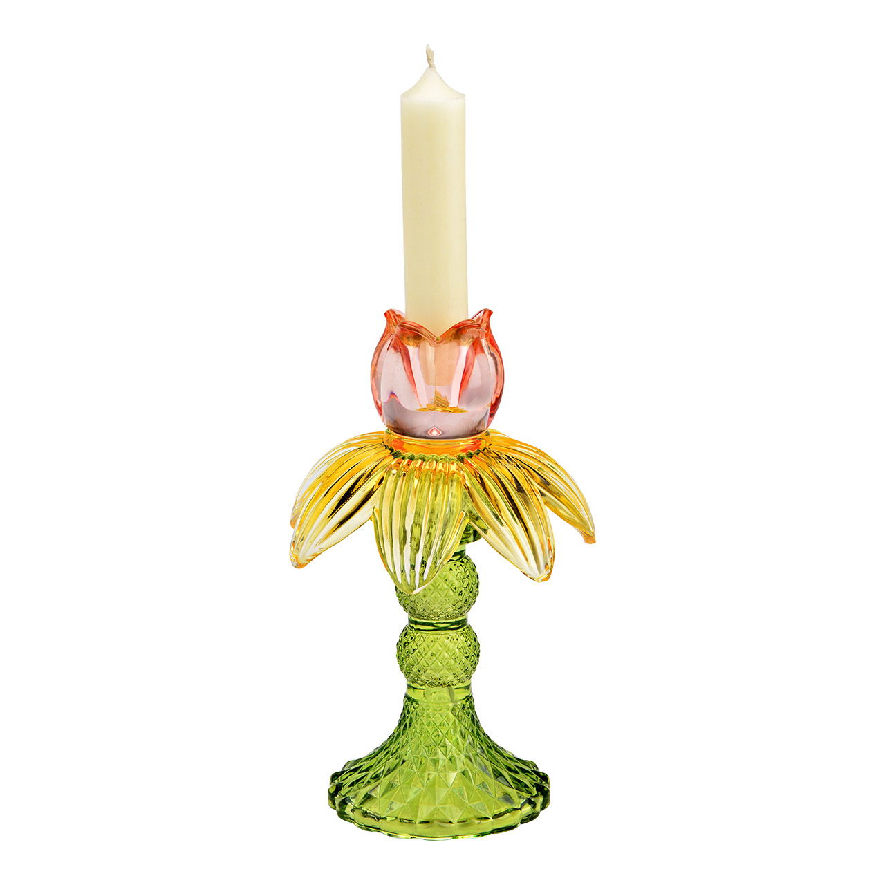 Kerzenhalter Tulpe aus Glas, Gelb/Grün (B/H/T) 11x17x11cm Kerze, Kerzenständer