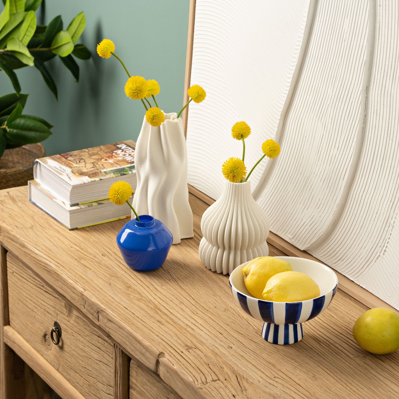 Coupe décorative rayée en céramique, bleu/blanc (L/H/P) 17x10x17cm Coupe décorative rayée en céramique, bleu/blanc (L/H/P) 17x10x17cm