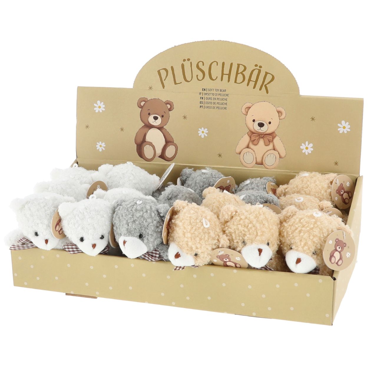 Peluche oso 13cm 3/s gris, marrón y blanco 24 piezas en expositor Plush bär, Teddy bär, Weiches Spielzeug, Creme Beige, Display-Box