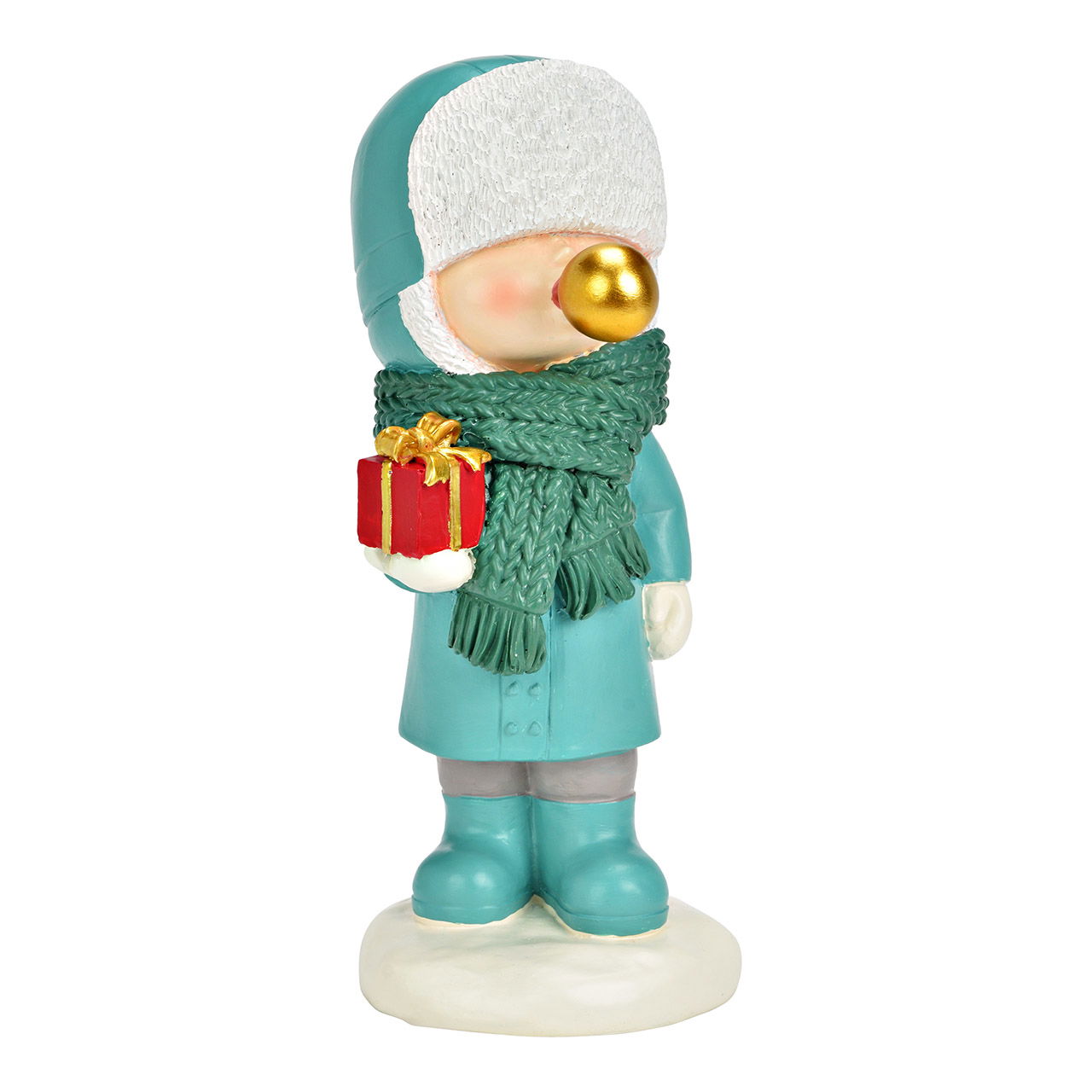 Child with gift and chewing gum bubble made of poly, blue/green (W/H/D) 9x21x9cm Figur, Kleidung, Hut, Puppe, Nussknacker