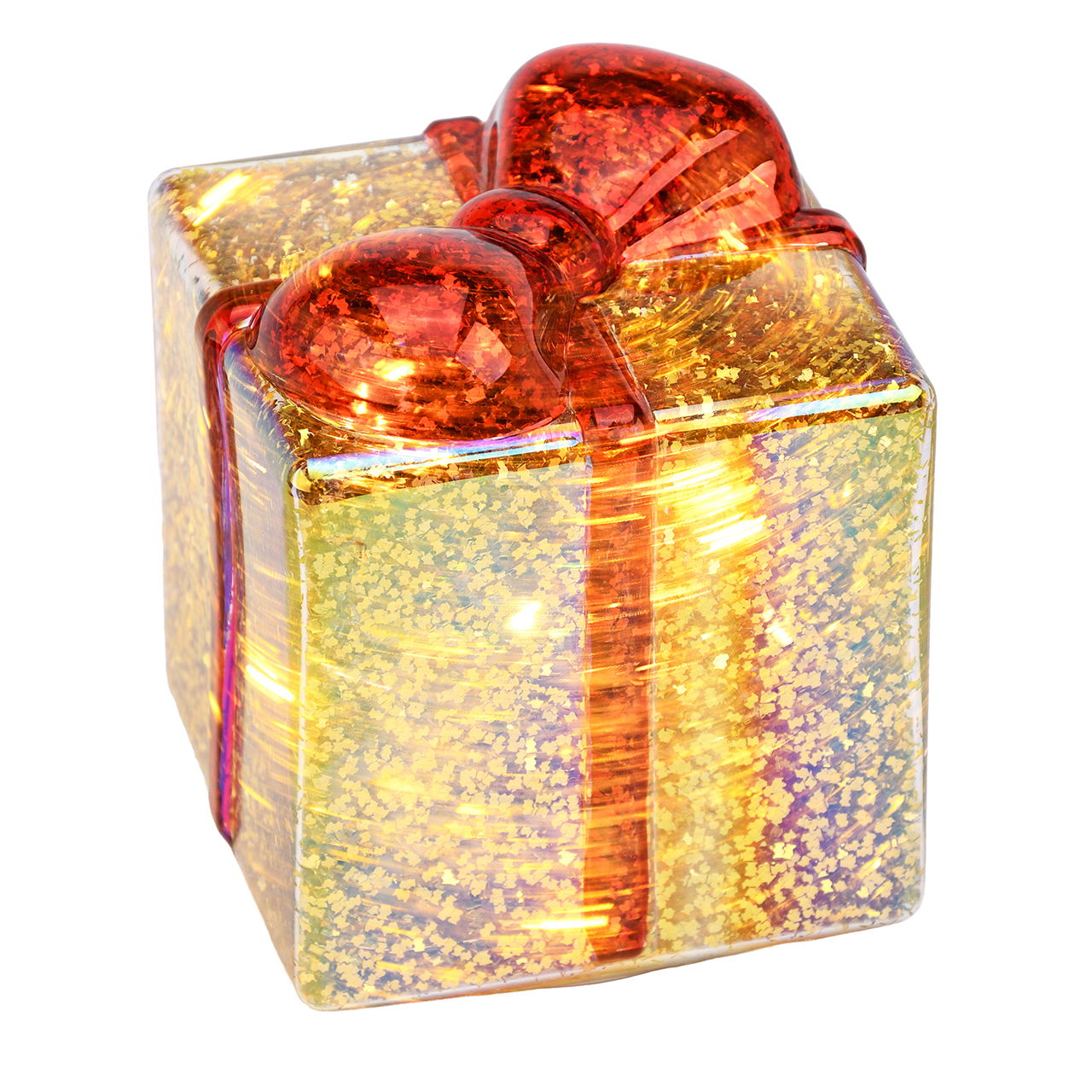 Geschenk Spieluhr mit LED und Musik aus Glas Gold (B/H/T) 13x15x13cm exkl. 3xAA Geschenkbox, Glitzer, Kleines Geschenk, Roter Schleifen, Holografisch