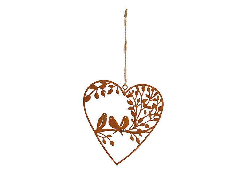 Hanger cuore, decorazione uccello, finitura arrugginita in metallo marrone (w/h) 12x13cm
