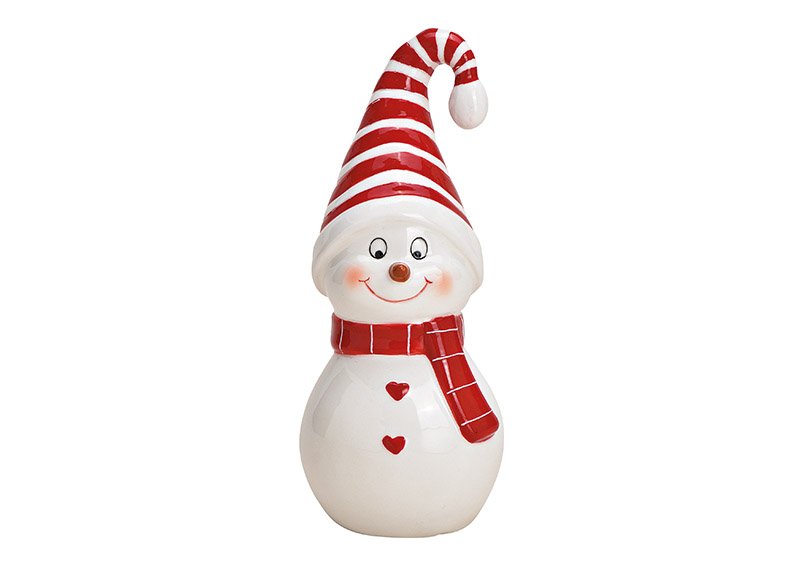 Keramiek sneeuwpop wit, rood (w/h/d) 7x17x7cm