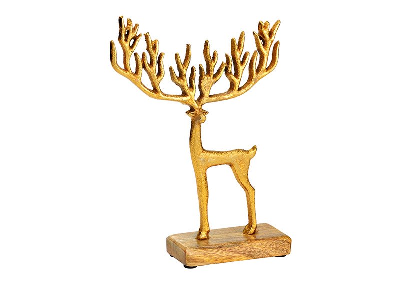 Stand moose on mango wood base, made of metal gold (W/H/D) 16x22x5cm