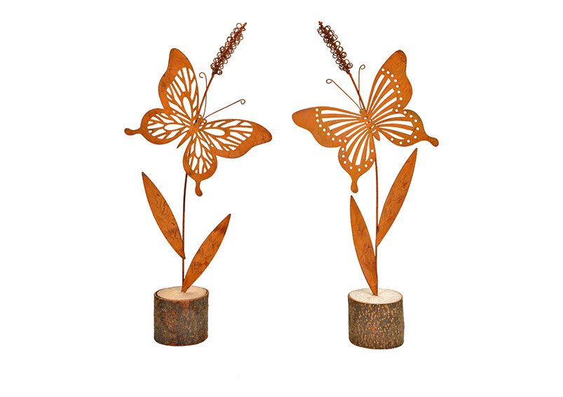 Papillon sur tronc en bois, finition rouillée en métal brun 2 fois, (L/H/P) 17x31x5cm