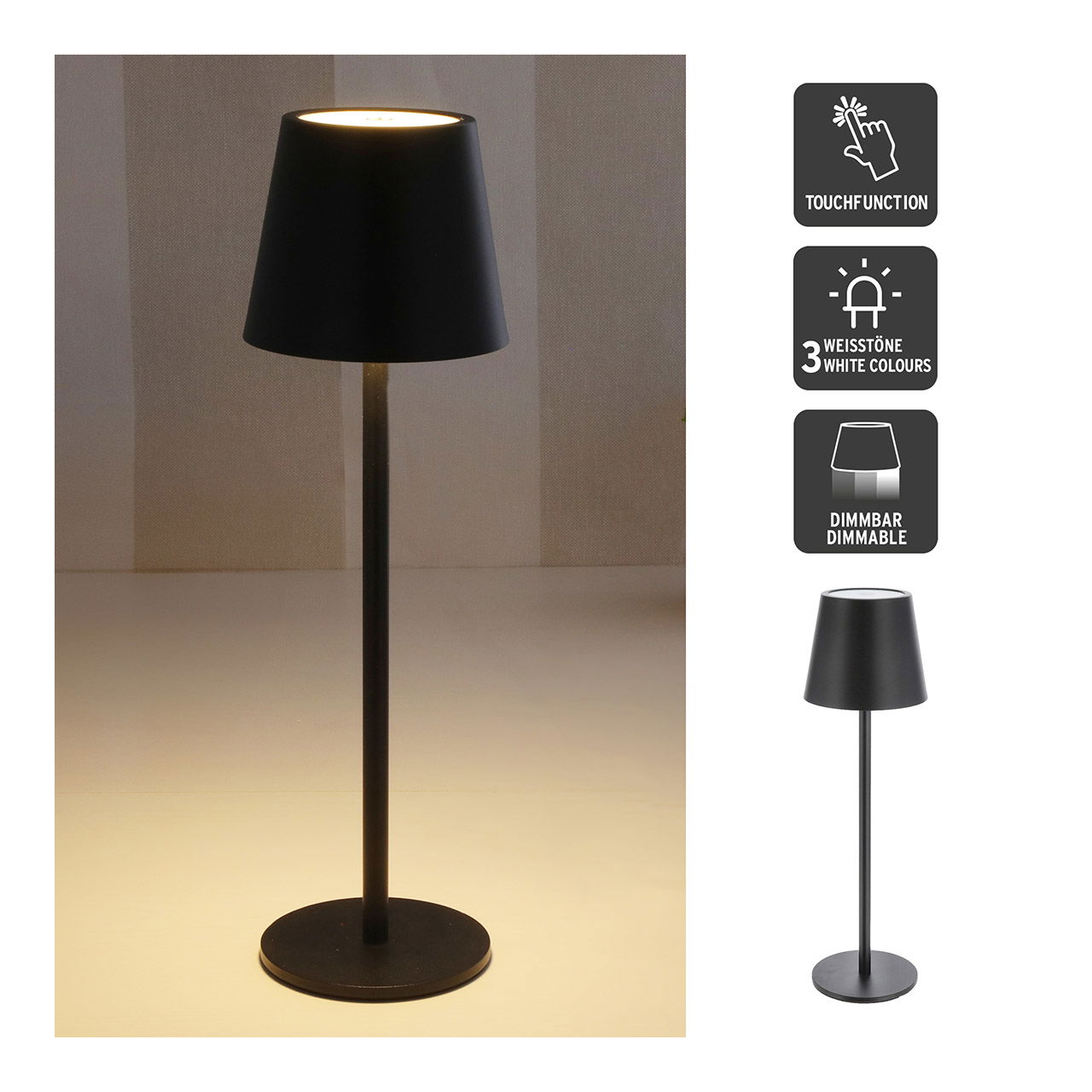 Lampada da tavolo a LED in metallo nero (L/H/D) 11x38x11cm USB, ferro, 56LED, dimmerabile all'infinito, 3 tonalità di bianco, freddo, caldo, bianco puro, cavo di ricarica da USB a USB C da 1m, max. 65 lumen, tempo di ricarica 1-2 ore, tempo di illuminazio