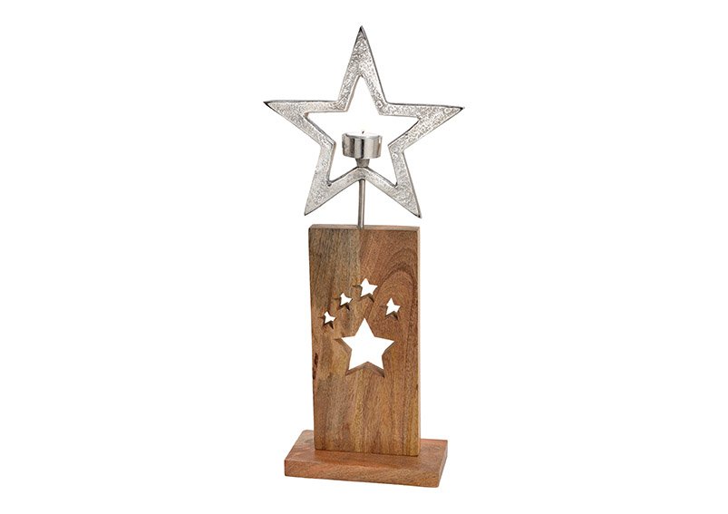 Bougeoir étoile en aluminium sur support en bois de manguier argenté (L/H/P) 25x57x10cm
