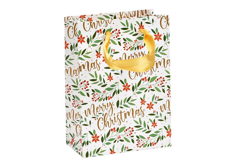 Sac cadeau Merry Christmas feuille décor en papier/carton multicolore (L/H/P) 12x16x1cm