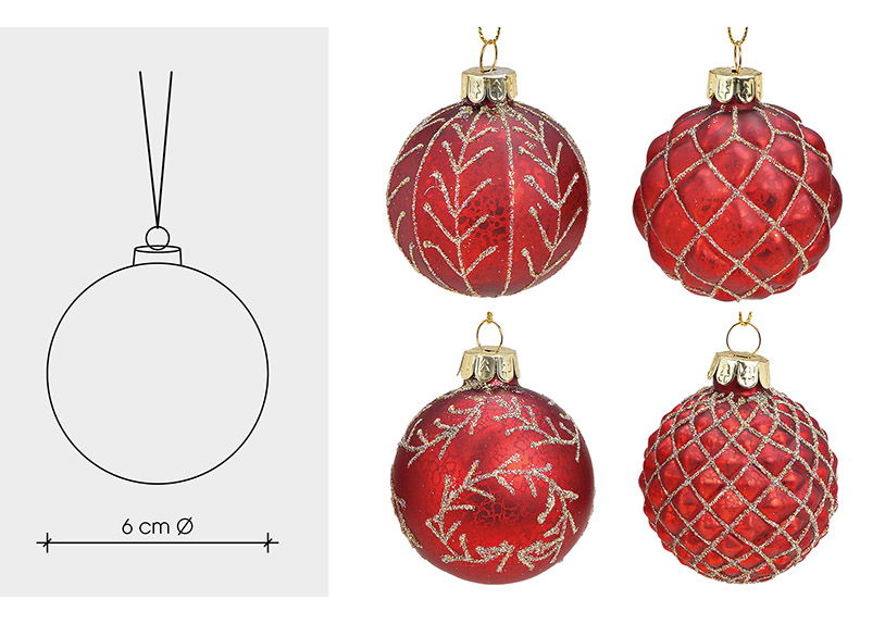 Weihnachtskugel Glitzer aus Glas, 4-fach, Rot/Gold Ø6cm