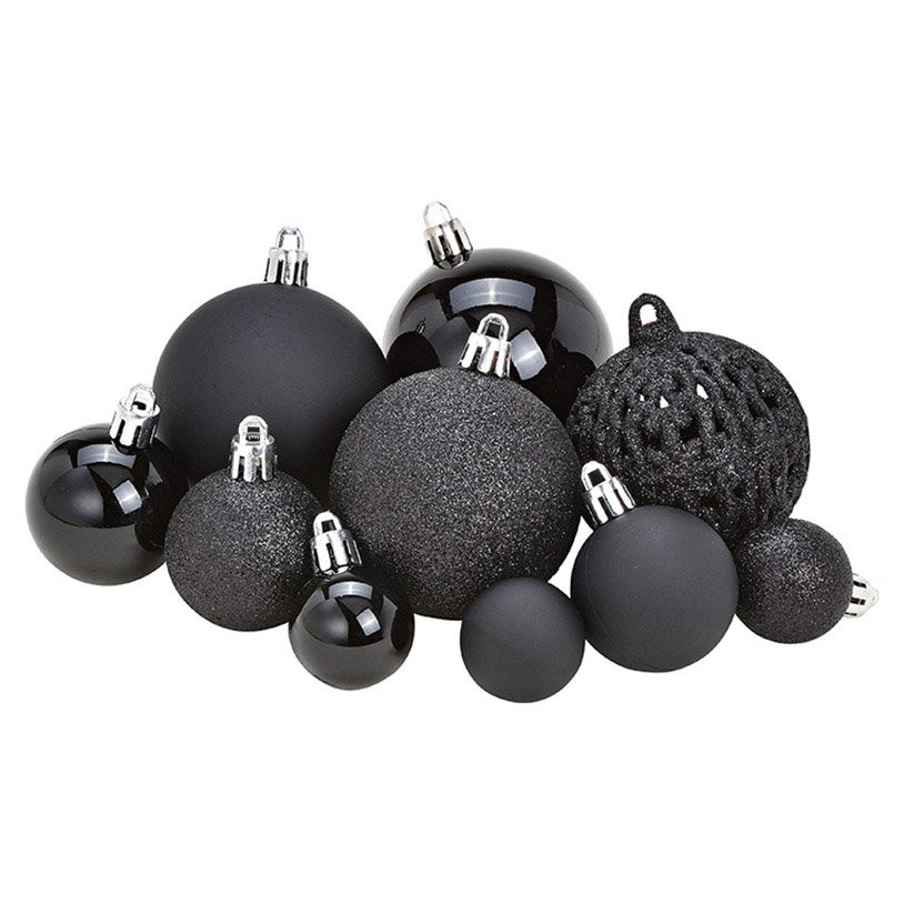 Juego de bolas de Navidad de plástico, negro Juego de 100, (A/H/D) 35x23x12cm Ø3/4/6cm