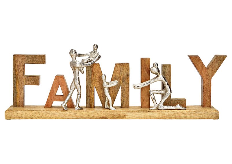 Présentoir écriture, Family, figurines en métal, en bois de manguier naturel (L/H/P) 55x21x7cm