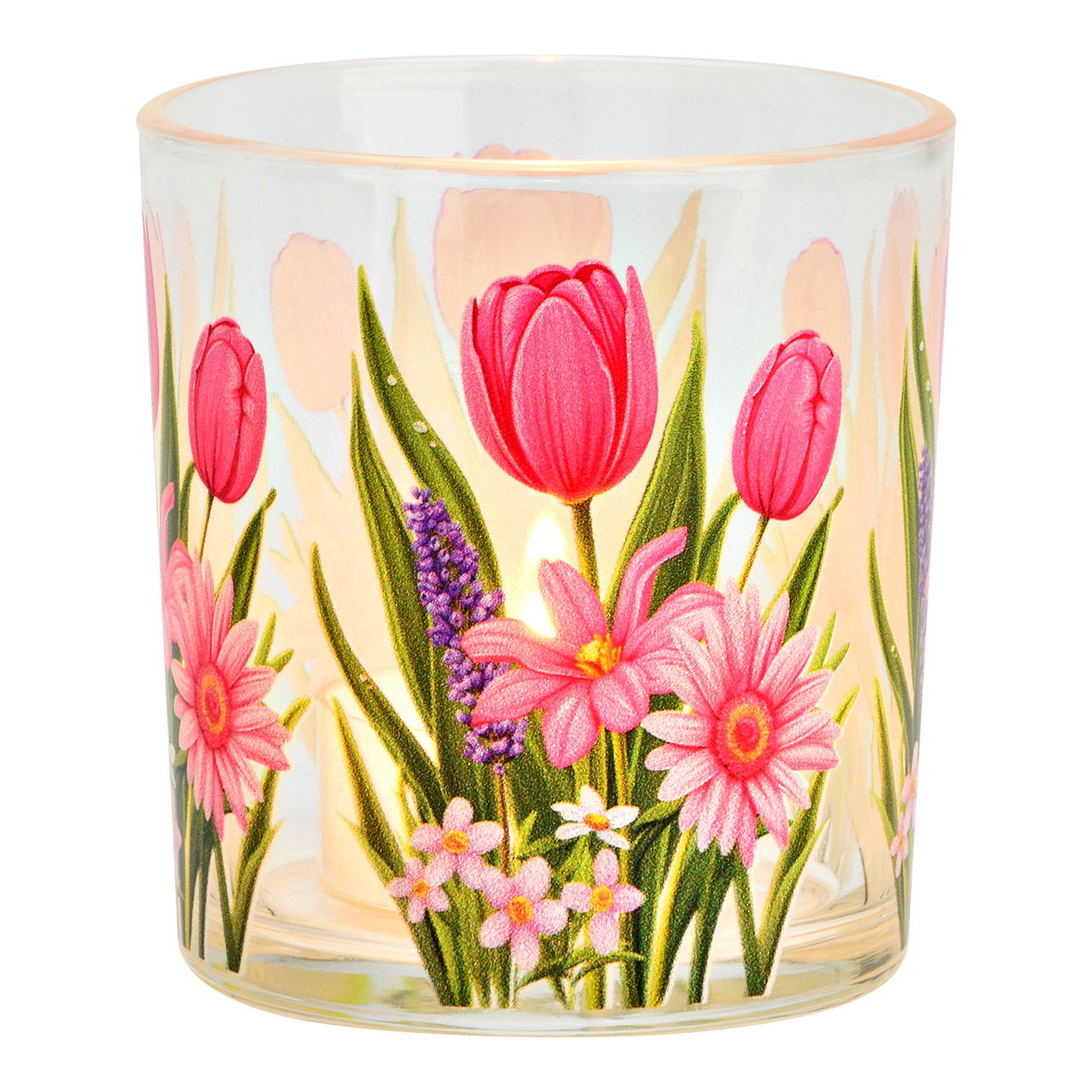 Windlicht Blumen Dekor aus Glas, Grün/Pink (B/H/T) 7x8x7cm Pokal, Töpferei, Krug, Vase, Glas