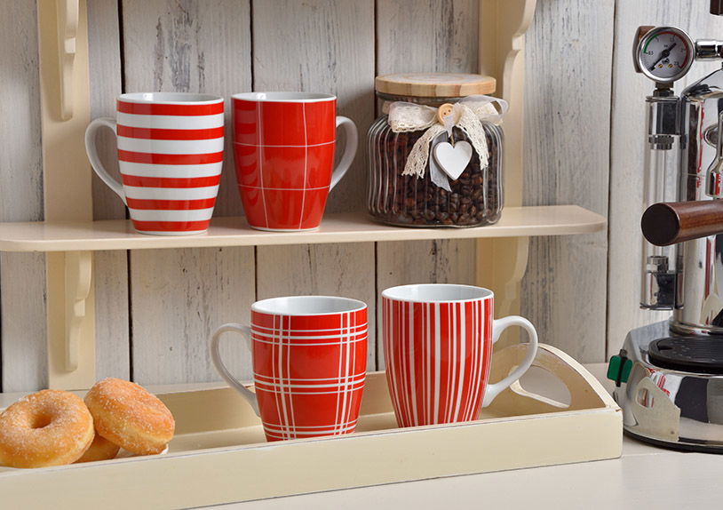 Mok streep rood-wit, 4 assorti porselein, 10 cm 250ml