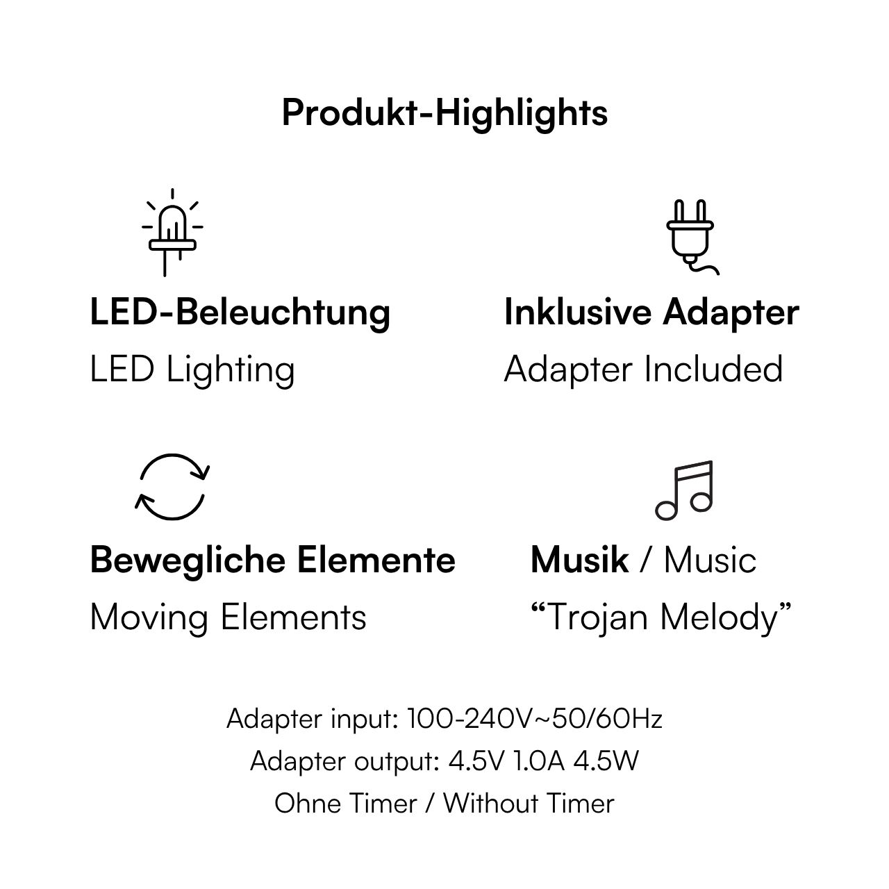 LED-Beleuchtung, Adapter inklusive, Bewegliche Elemente, Musikwiedergabe