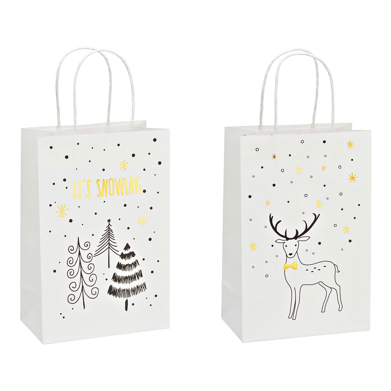 Sacchetto regalo, It's snowing, cervo, in carta/cartone bianco 2 pieghe, (L/H/D) 18x27x10cm Sacchetto regalo, It's snowing, cervo, in carta/cartone bianco 2 pieghe, (L/H/D) 18x27x10cm
