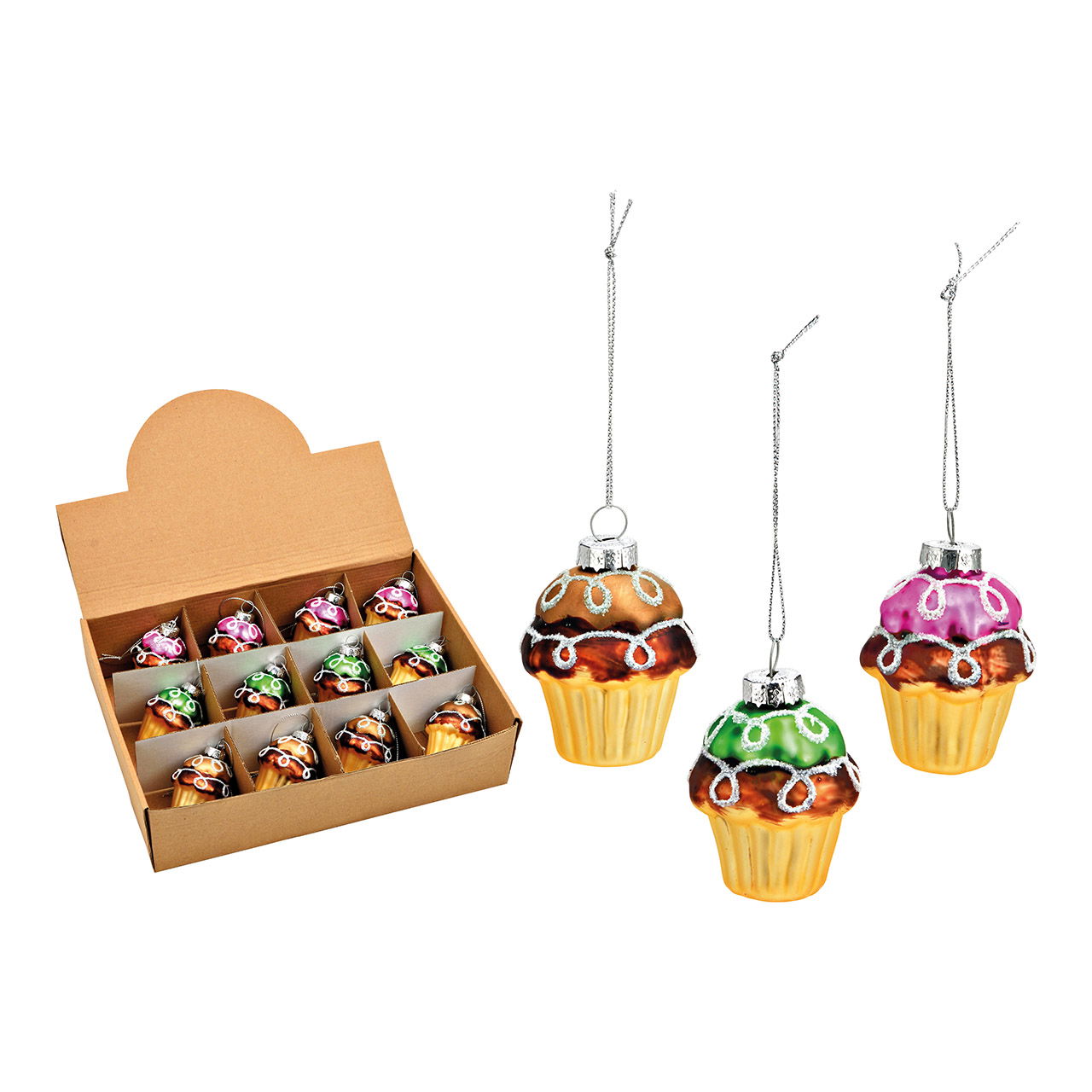 Weihnachtshänger Cupcake aus Glas, 3-fach, Bunt (B/H/T) 4x7x4cm Weihnachtshänger Cupcake aus Glas, 3-fach, Bunt (B/H/T) 4x7x4cm
