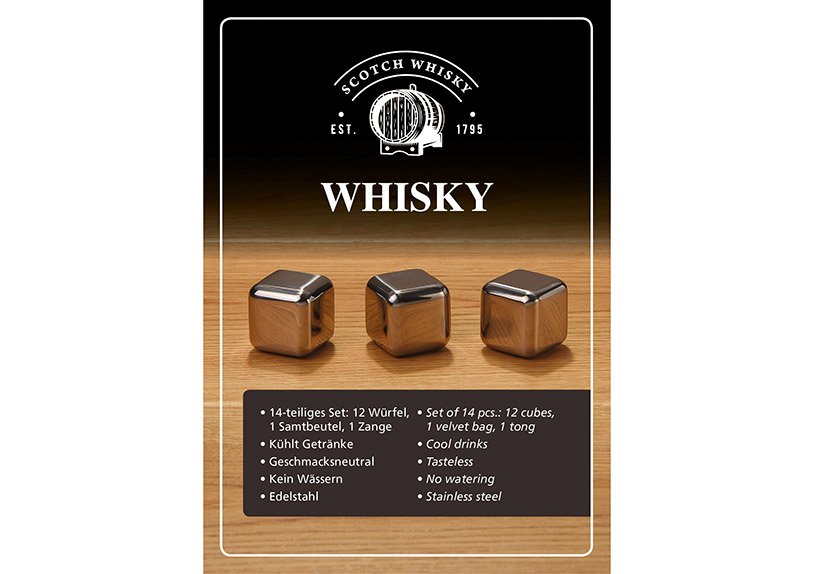 Whisky stainless steel cubes, 12 pcs, 2,7cm, with 1 pc black velvet bag, 1 pc tong, in wooden box 14x4x13cm
