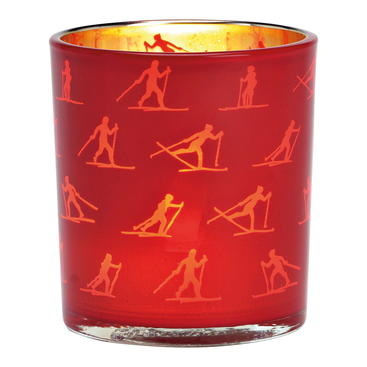 Photophore en verre rouge avec motifs de ski (L/H/P) 7x8x7cm