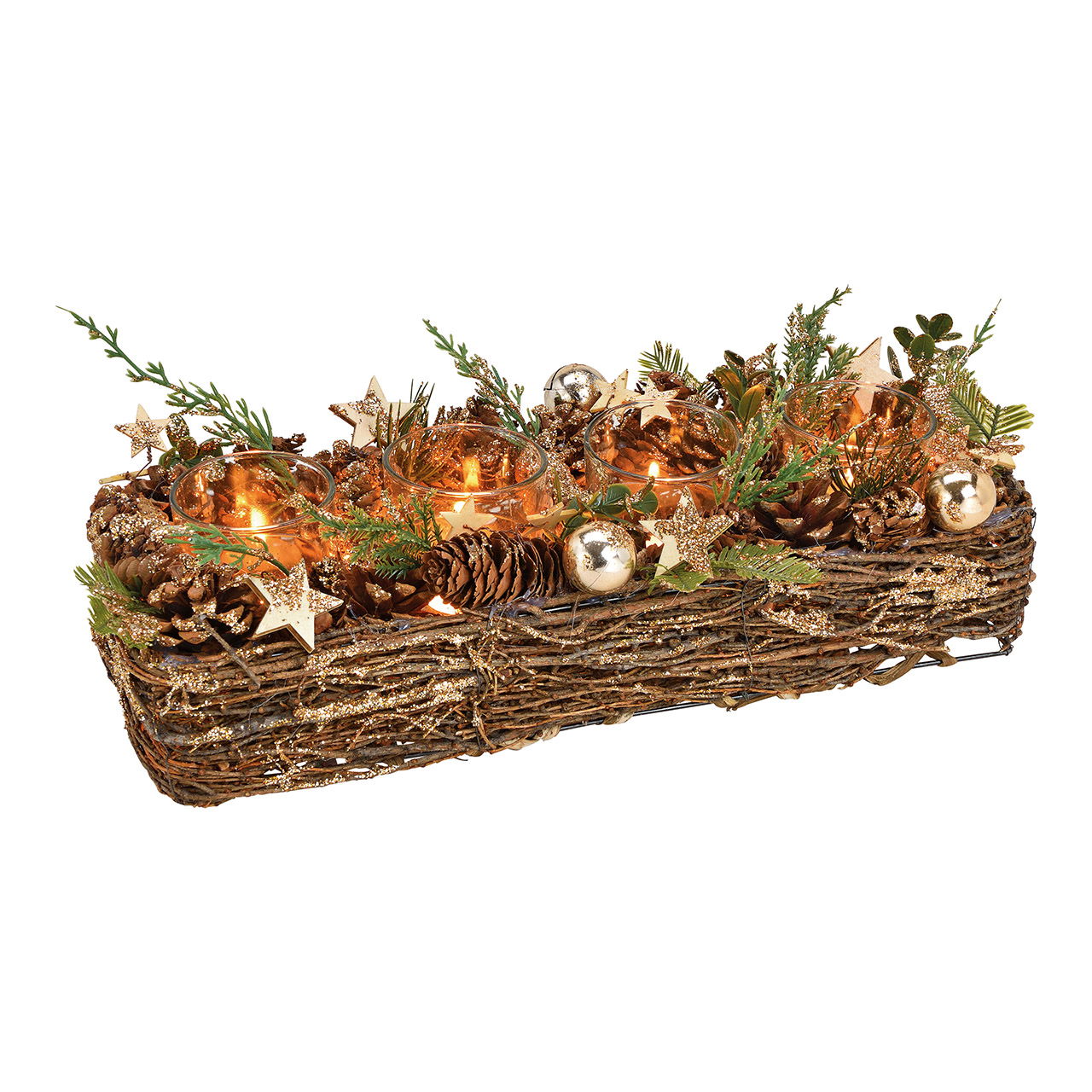 Adventsgesteck, Teelichthalter für 4er Teelichter aus Holz, Kunststoff, Glas Braun (B/H/T) 40x10x15cm