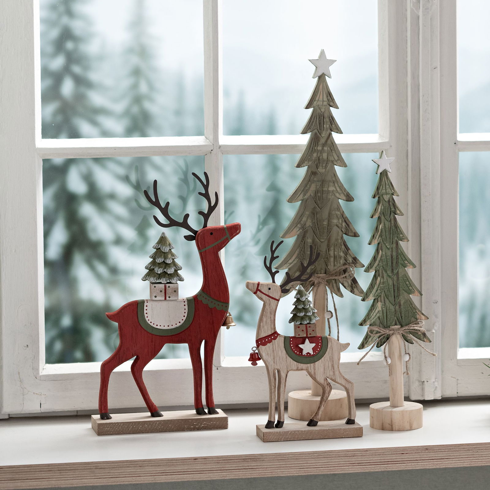 Hirsch Weihnachts Dekor aus Holz/Metall, 2-fach, Rot/Natur (B/H/T) 18x32x5cm Fenster, Fensterbank