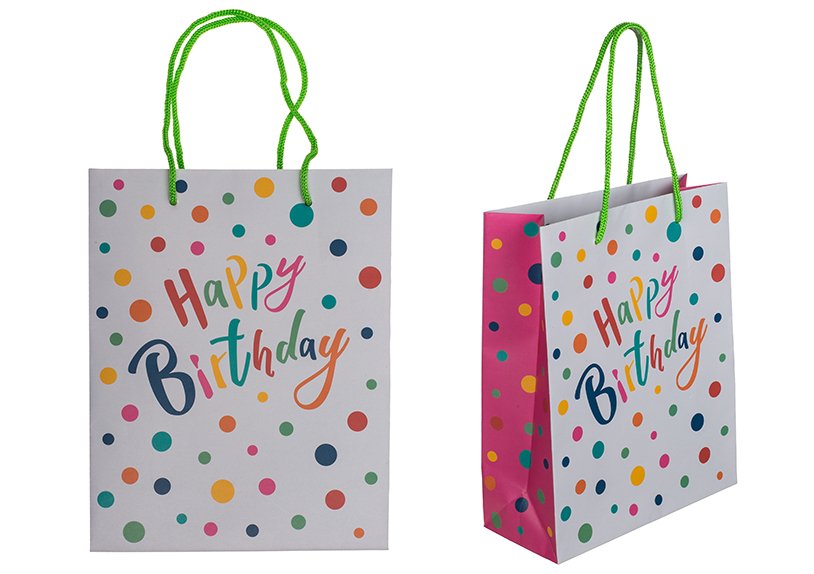 Sacchetto regalo, Buon compleanno con puntini colorati in carta/cartone Grigio (L/H/D) 18x23x8cm