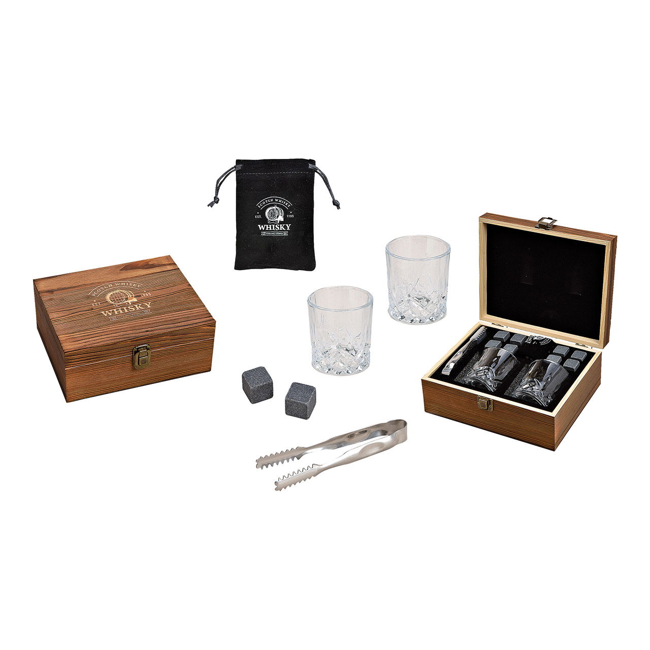 Whisky Stein Set, glaçons en pierre de basalte 2x2x2cm, 2 verres 9x8x9cm, 300ml, une pince Gris Set de 8, dans boîte en bois (L/H/P) 23,7x10x20,2cm