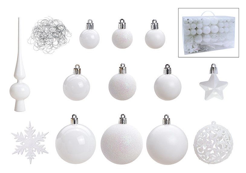Weihnachtskugel-Set aus Kunststoff Weiß 111er Set, (B/H/T) 36x23x12cm Ø 3/4/6 cm