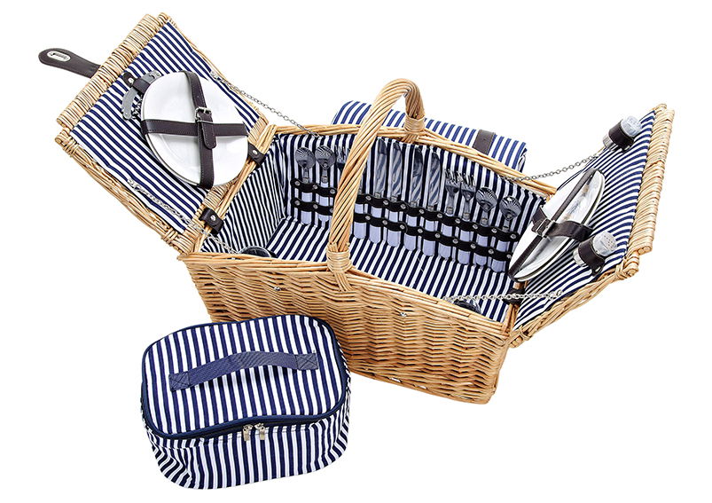 Cesta de picnic para 4 personas hecha de sauce, 26 piezas, W48 x D32 x H40 cm