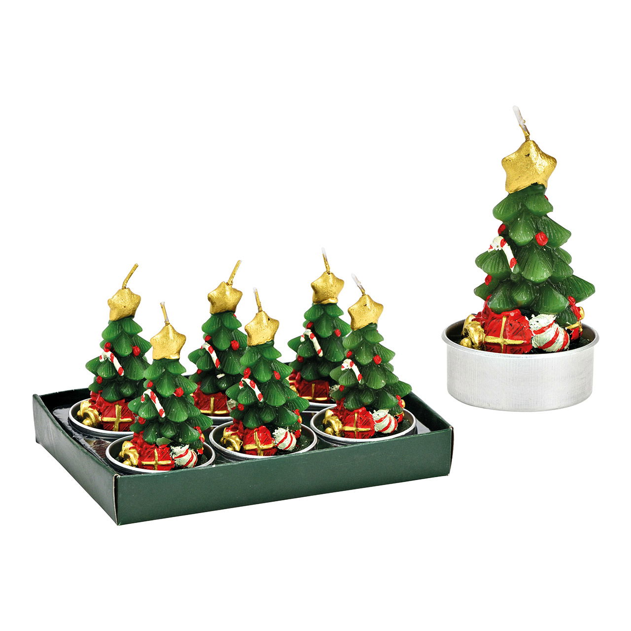 Tealight set Christmas tree 4x6x4cm Set of 6, made of wax green (W/H/D) 14x8x9cm