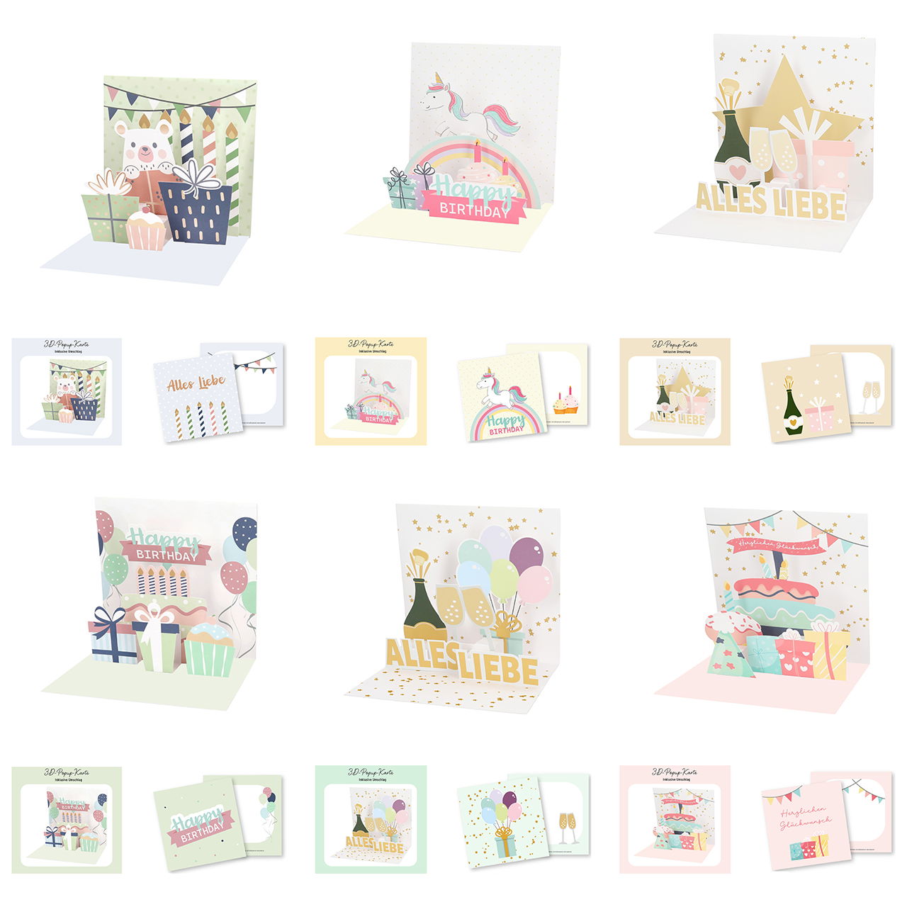 Carte de vœux 3D pop-up avec vœux d’anniversaire en papier, 6 modèles assortis, 48 pièces en présentoir (L/H) 14x14 cm Briefumschlag, Grußkarte, Post, Leute, Person