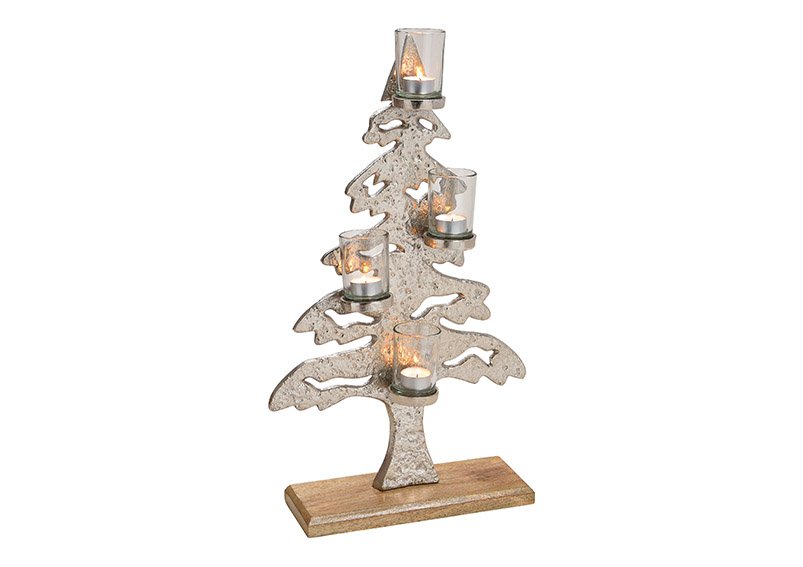 Albero di Natale con 4 lanterne di vetro in metallo argento (L/A/D) 34x61x12cm