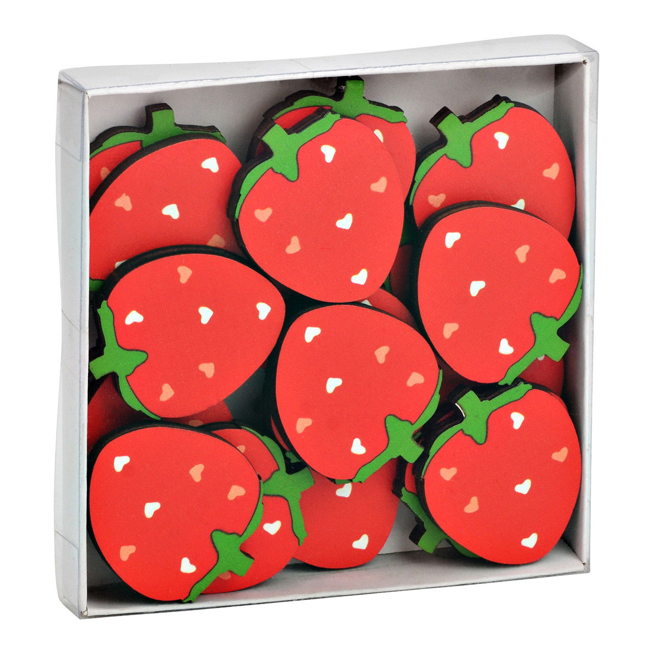 Fraise à saupoudrer 3,5x4x0,5cm, en bois, set de 18, rouge (L/H/P) 12x12x1cm