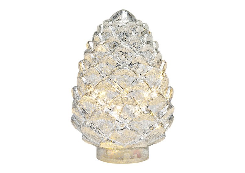 Fir cone with 15s LED made of glass silver (W/H/D) 15x22x15cm with timer