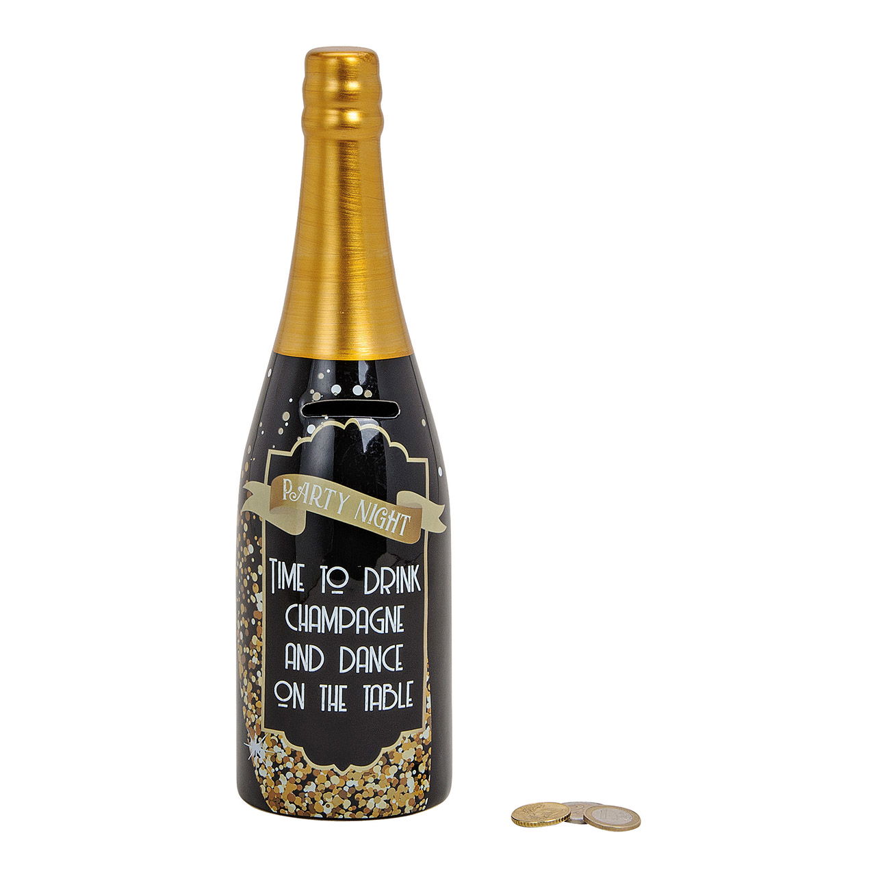 Money box champagne bottle party night, ceramic, black, (b) 30 cm, ø 9 cm