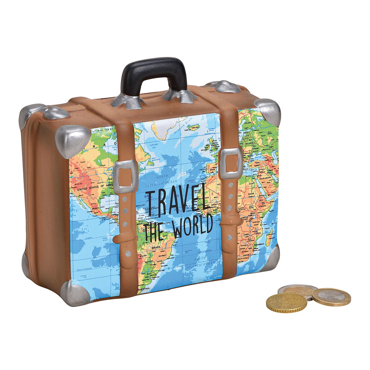 Salvadanaio valigia mappa Travel The World, ceramica blu, marrone (W/H/D) 14x13x6cm