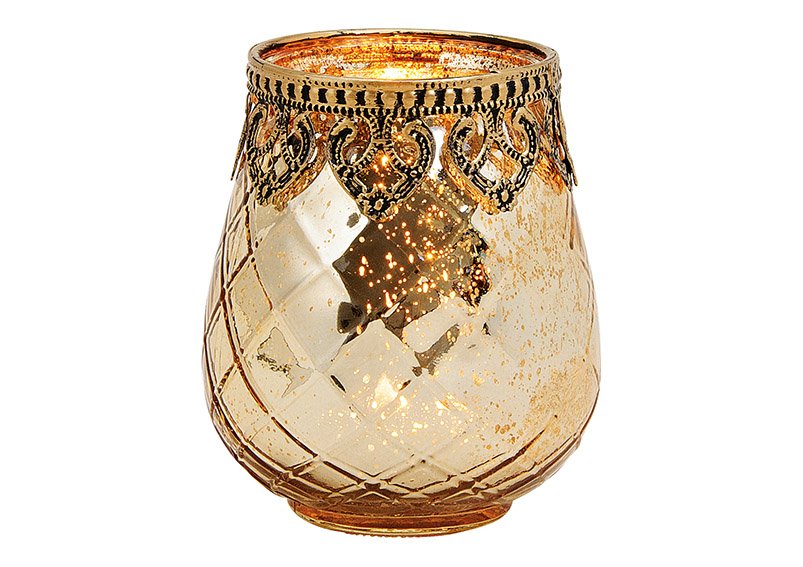 Windlicht Marokko decoratie van glas, metaal goud (w/h/d) 9x10x9cm