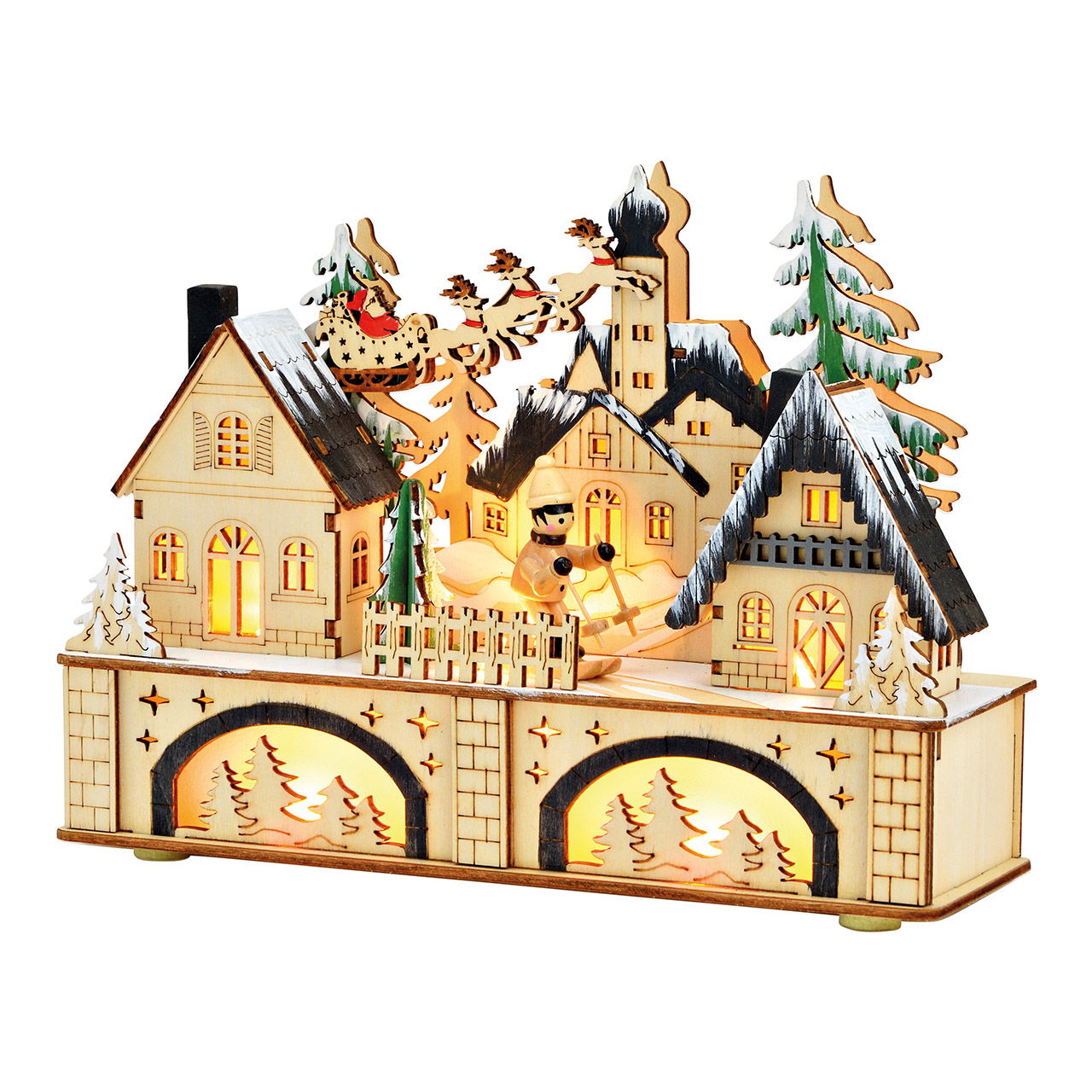 Scène hivernale avec LED, fonctionnement sur piles 2xAA non incluses, double fonction boîte à piles avec minuterie, en bois coloré (L/H/P) 25x18x8cm Essen, Süßigkeiten