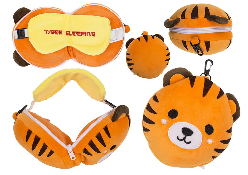 Children plush travel pillow with eye mask tiger from textile brown (W/H/D) 14x15x9cm