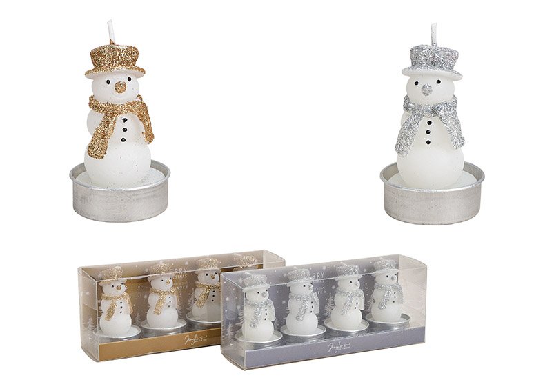Set de bougies à chauffe-plat, Bonhomme de neige 4x6x4cm, en cire Blanc Set de 4, 2 fois, (L/H/P) 18x7x5cm