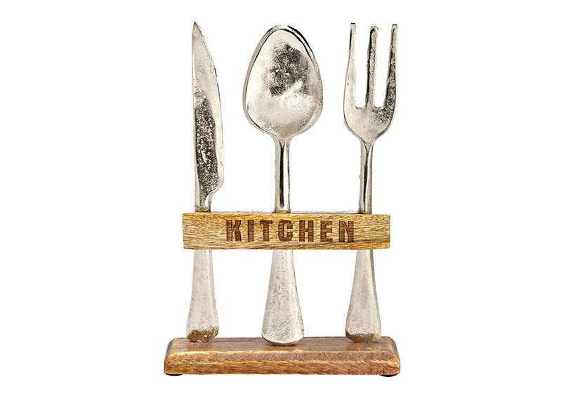 Présentoir couteau, cuillère, fourchette Kitchen en métal, bois de manguier argenté (L/H/P) 17x26x5cm