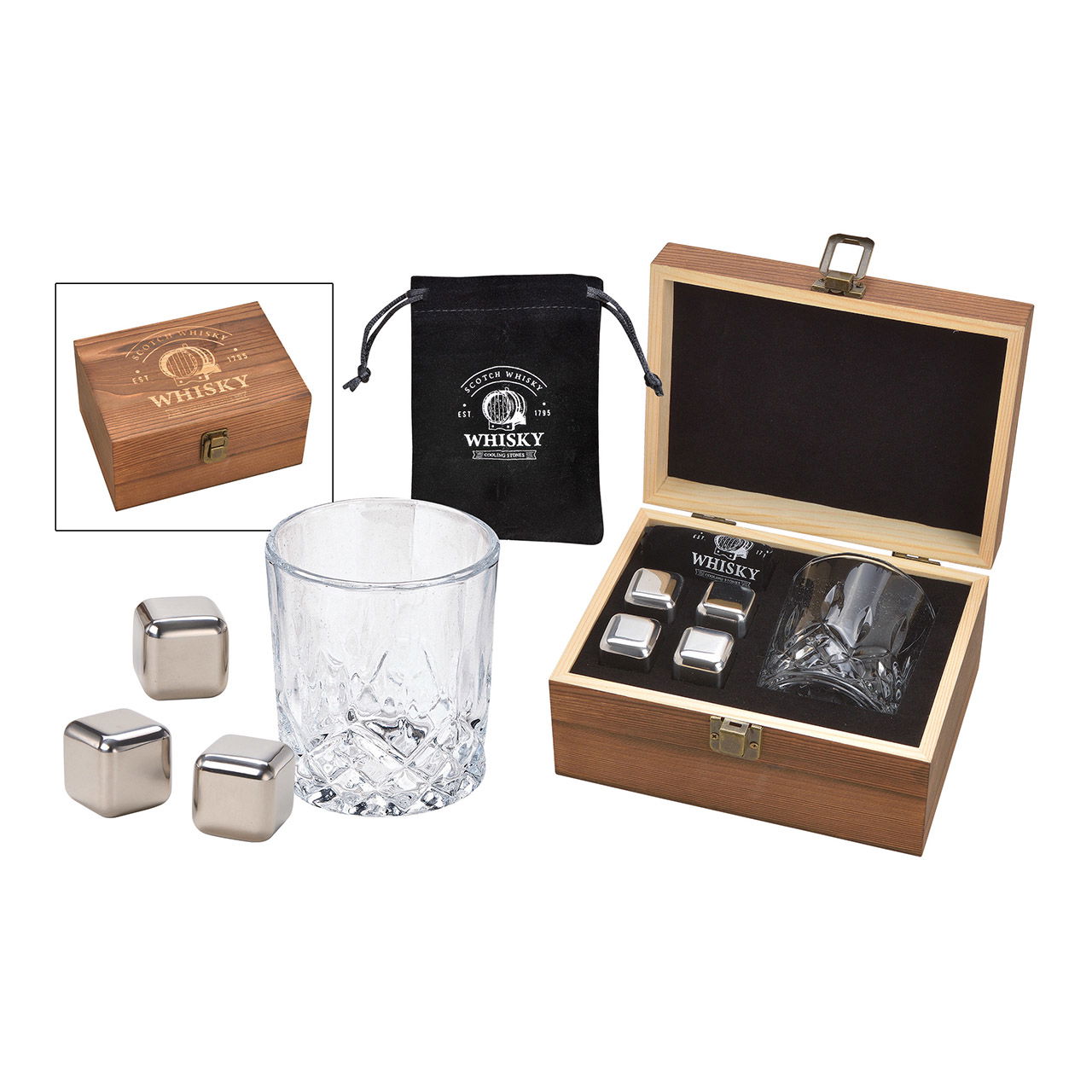 Stainless steel whisky ice cube set, 2.7cm, 4 cubes, 1 glass 9x8x9cm, 300ml, incl. velvet bag, in wooden box 19x10x14.7cm