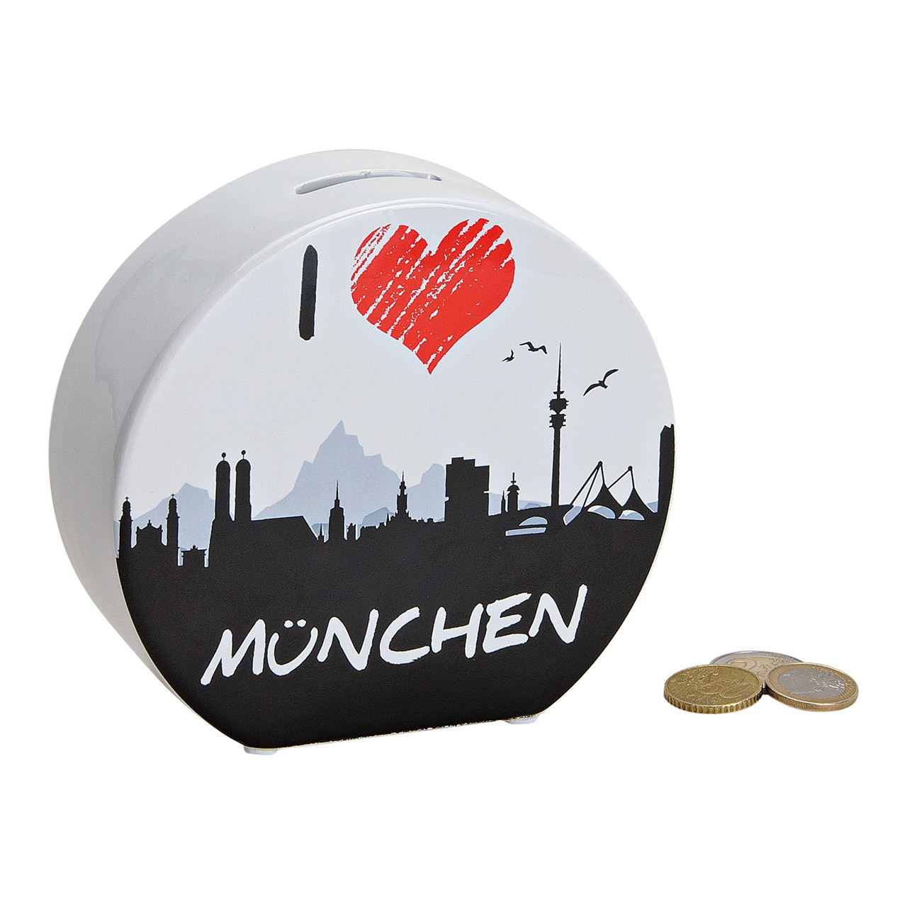 Spardose München aus Keramik Weiß (B/H/T) 14x13x5cm Geldbörse, Schatzkarte, München, City-Siluette, Herz-Design