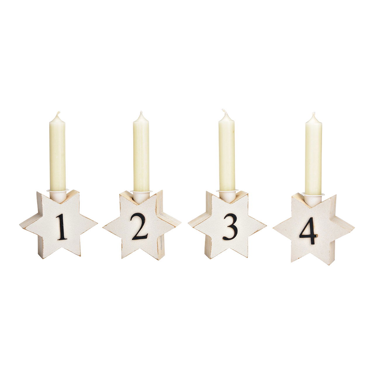 Adventsgesteck 4-er Set aus Holz, Weiß (B/H/T Stern) 11x9x4cm (B/H/T) 43x9x4cm Kerze