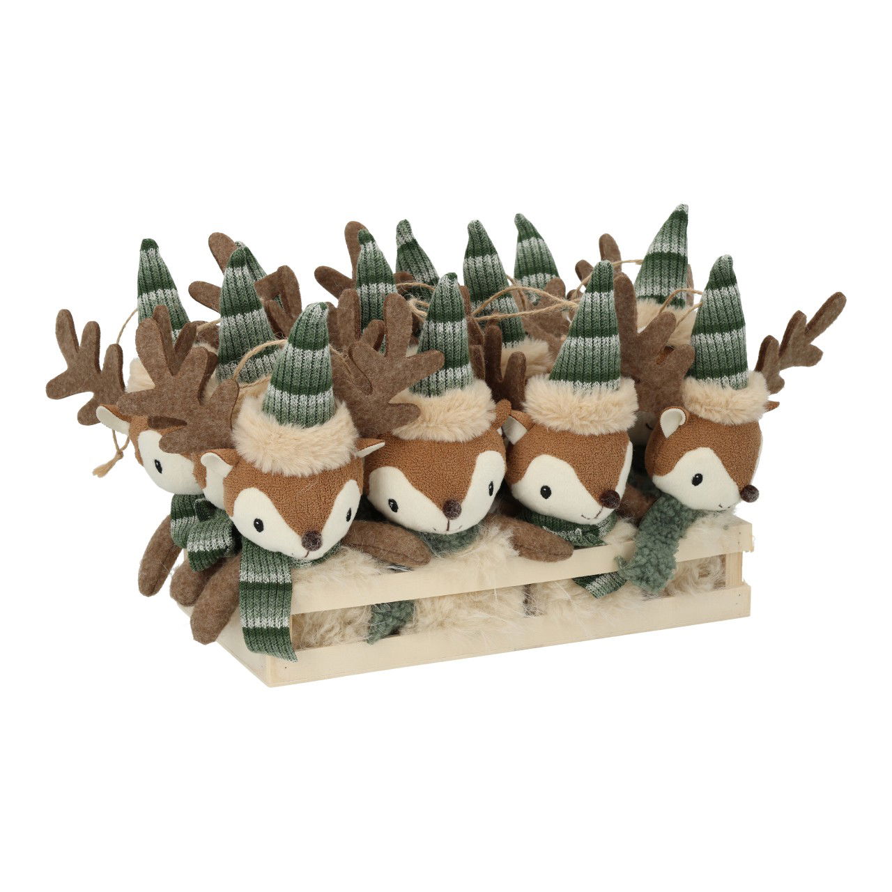 Hänger Rentier mit Mütze/Schale aus Textil Braun 2-fach sortiert (B/H/T) 16x22x6cm 12stk. im Holz Box Bekleidung, Handschuh, Plüsch, Spielzeug