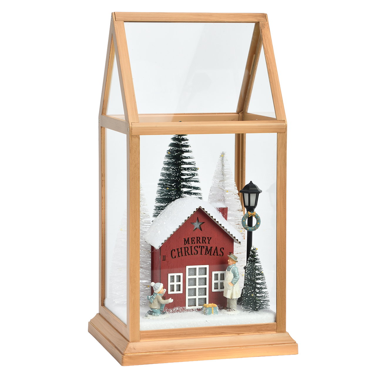 Weihnachtsdeko, Glasvitrine, Miniaturdorf, Schneelandschaft, Holzrahmen