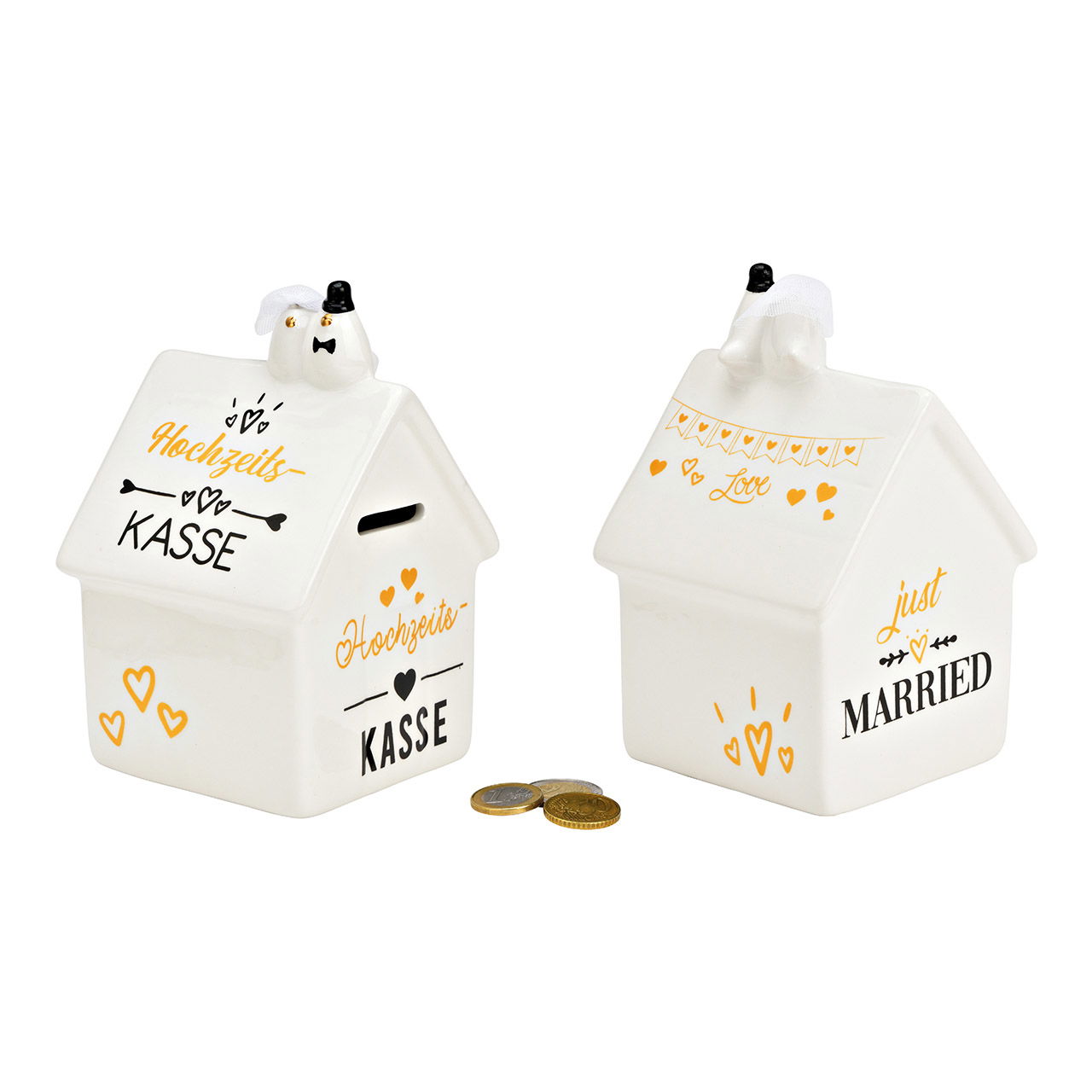 Money box house, wedding cash box Just Married, made of white ceramic (W/H/D) 11x16x10cm