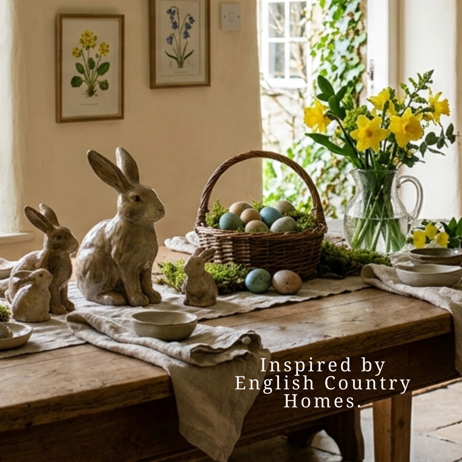 Osterdeko, Häschen, Eierkorb, Holztisch, Blumen vase